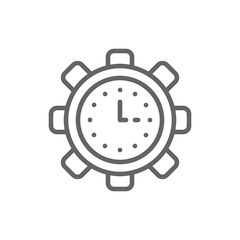 Clock in gear, tech watch, productivity, efficiency, time management line icon.