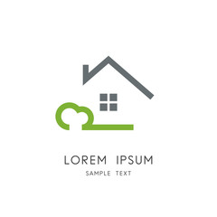 Green home symbol - grass and bush and cozy house with window and chimney on the roof. Eco and ecology, realty and real estate vector icon.