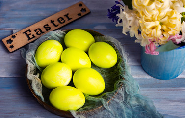 Easter eggs and hyacinth spring flowers