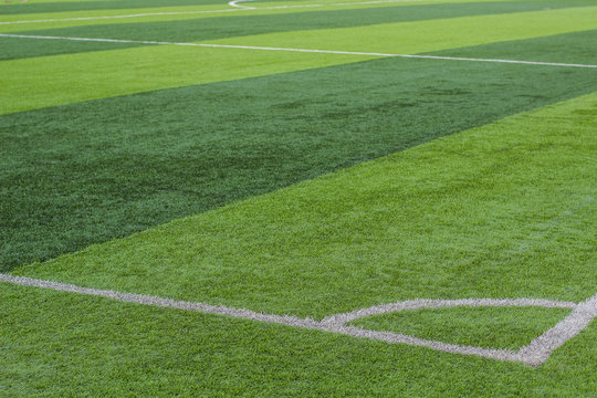 football soccer field green grass stripped cutting style with white marking lines of playground space, sport background environment concept picture 