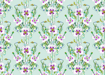 Floral pattern with a bouquet of white poppy flowers on a light green background