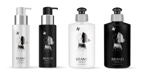 Cosmetic black, white plastic bottle.  Liquid container for gel, lotion, cream, shampoo. Beauty product package.