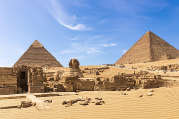 The Great Pyramids of Giza complex: the Sphinx, the Pyramid of Chephren, the temple and the Pyramid...