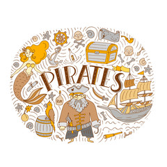 Vector Pirates set in freehand style illustration