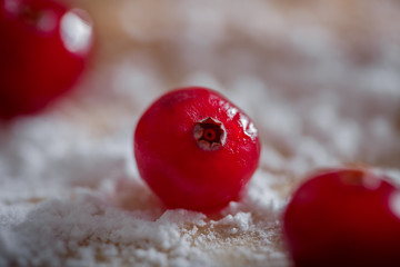 Frozen cranberries in sugar powder close up