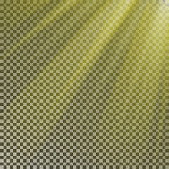Sun ray light isolate on background vector. Transparent glow yellow sunlight effect. Realistic glare
