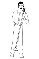 singer with microphone black and white