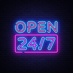 Plakat 24 7 Neon Sinboard Vector. Open all day neon sign, design template, modern trend design, night signboard, night bright advertising, light banner, light art. Vector illustration