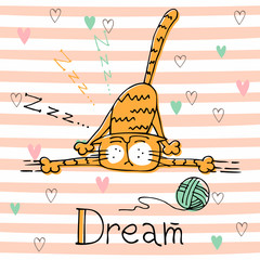 Cute sleeping cat on striped background.  Vector. © Olga