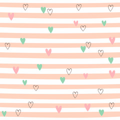 Striped seamless pattern with hearts. Cute pattern with pink stripes. Vector.