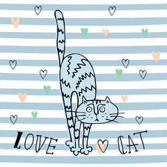 Cheerful Doodle cat in a cute style. Striped background. Vector. © Olga