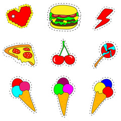 ashion patch badges. Fast food set. Stickers, pins, patches and handwritten notes collection in cartoon 80s-90s comic style. Trend. Vector illustration isolated. Vector clip art.