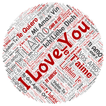 Vector conceptual sweet romantic I love you multilingual message round circle red word cloud isolated background. Collage of valentine day, romance affection,  happy emotion or passion lovely concept