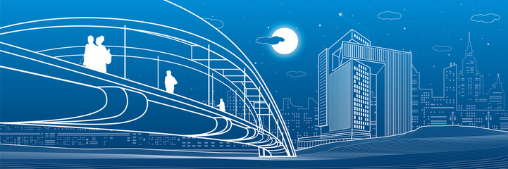 People walking at pedestrian bridge. Business city skyline. Modern night town. Infrastructure illustration, urban scene. White lines on blue background. Vector design art 