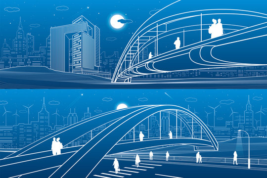 People walking at pedestrian bridge. City skyline. Modern night town. Infrastructure illustration set, urban scene. White lines on blue background. Vector design art 