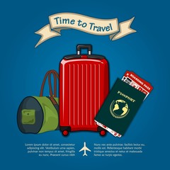 Naklejka premium Time to travel. Travel luggage, international passport and boarding passes tickets for traveling by plane. Concept for travel and vacations. Vector illustration