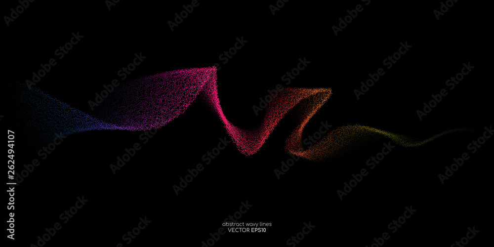 Poster abstract vector colorful dot particles wavy line flowing isolated on black background for design ele