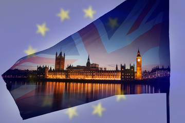 UK flag, EU flag and Big Ben