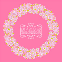 Cherry blossom wreath frame for invitation or greeting car design. Circle or round flower border. Vector illustration.