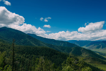 Fototapeta premium Spectacular landscape overlooking the green valley in the mountains. Journey in the mountains of Altai. Sunny summer day.