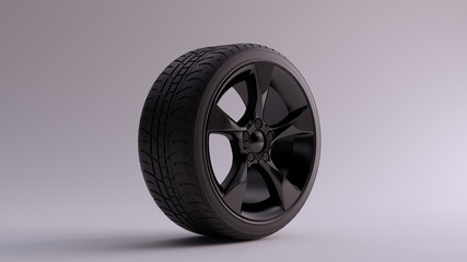 Black Alloy Rim Wheel 5 Medium Flared Spokes Open Wheel Design with Racing Tyre 3d illustration 3d render