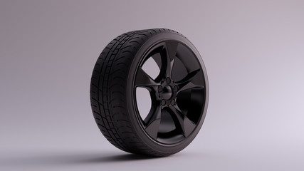 Fototapeta premium Black Alloy Rim Wheel 5 Medium Flared Spokes Open Wheel Design with Racing Tyre 3d illustration 3d render