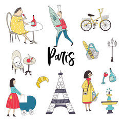Big set of cure and fun hand drawn elements and sights of Paris. Vector illustration.