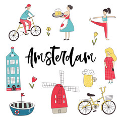 Big set of cure and fun hand drawn elements and sights of Amsterdam. Vector illustration.