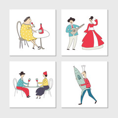 Set of illustrated cards with cute and fun hand drawn characters and elements. Vector illustration. - 262497928