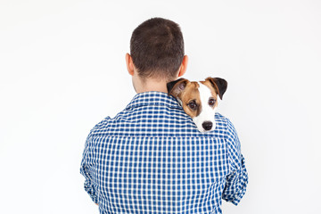The dog lies on the shoulder of its owner. Jack Russell Terrier in his owner's hands on white background. The concept of people and animals. The guy holds his dog in his arms and plays with him.