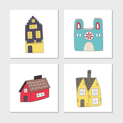 Fototapeta premium Set of illustrated cards with cute and fun hand drawn old european houses. Vector illustration.