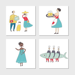 Set of illustrated cards with cute and fun hand drawn characters and elements. Vector illustration. - 262498122