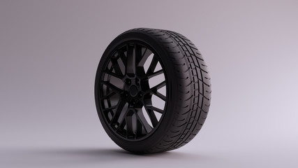 Black Alloy Rim Wheel with a Complex Multi Spokes Open Wheel Design with Racing Tyre 3d illustration 3d render