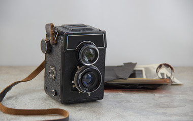 Vintage camera on the table.