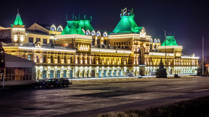 Night view of fair trade building in Nizhny Novgorod.