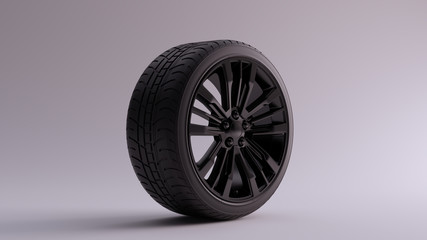 Black Alloy Rim Wheel with a 5 Spoke Intricate Flared Open Wheel Designe with Racing Tyre 3d illustration 3d render