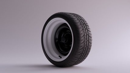 Black an White Alloy Rim Wheel with a Old School Closed Retro Wheel Design with Racing Tyre 3d illustration 3d render