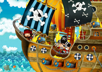 cartoon scene with pirate ship sailing through the seas with scary pirates - deck is burning during battle - illustration for children
