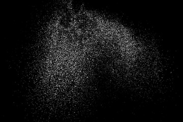 White Grainy Texture Isolated On Black Background. Dust Overlay. Light Coloured Noise Granules. Snow Vector Elements. Digitally Generated Image. Illustration, Eps 10.