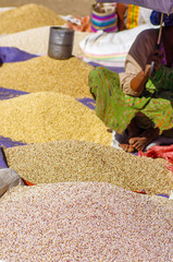 Local market with spices and grains in Lalibela, Ethiopia February 2019