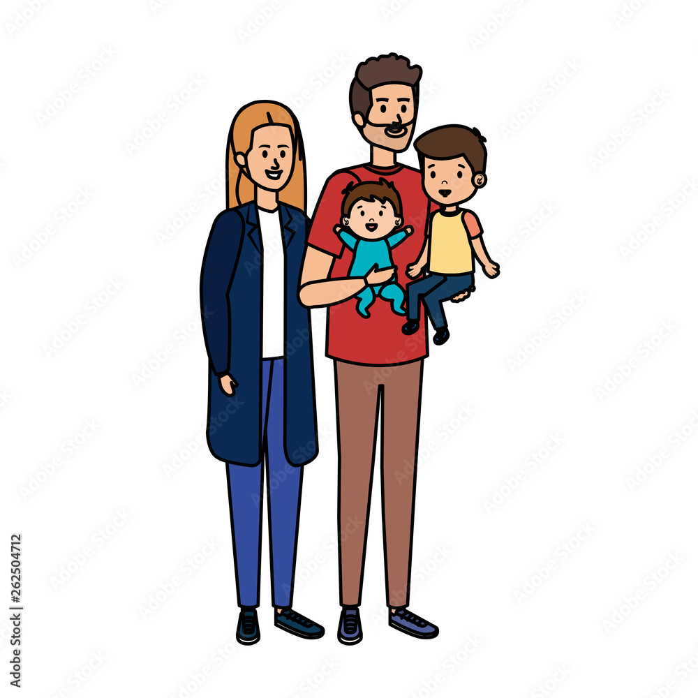 Sticker young parents couple with son and baby