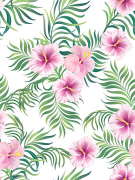 Tropical vector seamless background. Jungle pattern with flowers, monstera and palm leaves. Stock vector. © Logunova Elena