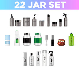 Set vector blank templates empty and clean multicolor plastic and glass containers:  bottles with spray, dispenser and dropper, cream jar, tube.  Realistic mockup of cosmetic package. #9.