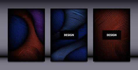 Movement. Abstract Backgrounds. Trendy Wave Lines with Gradient n Futuristic Style. Volume Effect. Distortion of 3d Shapes. Cover Templates Set with Movement for Presentation, Poster, Brochure. EPS.