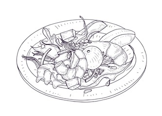 Delicious salad with seafood and vegetables on plate hand drawn with contour lines on white background. Wholesome meal made of shrimps, avocado, lettuce leaves. Realistic vector illustration.