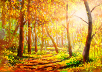 Original expressionism oil painting sunny spring forest park landscape, beautiful trees shadows on ground canvas art bokeh. Palette knife artwork. Impressionism. Art. - obrazy, fototapety, plakaty