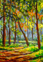Oil painting sunny spring forest park landscape illustration nature, beautiful trees shadows on ground canvas art. Palette knife artwork. Impressionism. Art.