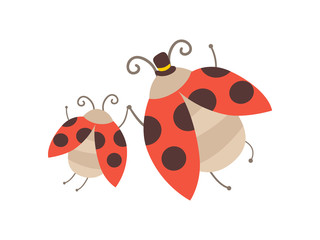 Happy Ladybug Family, Manly Ladybug with Top Hat on His Head and Babies, Cute Cartoon Flying Insects Characters Vector Illustration