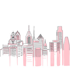 Fototapeta premium New York city scape background. Hand drawn vector doodle graphics. Pink and black colours. Perfect for girlish design.