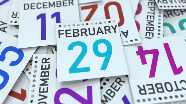Calendar page shows February 29 date, 3D animation